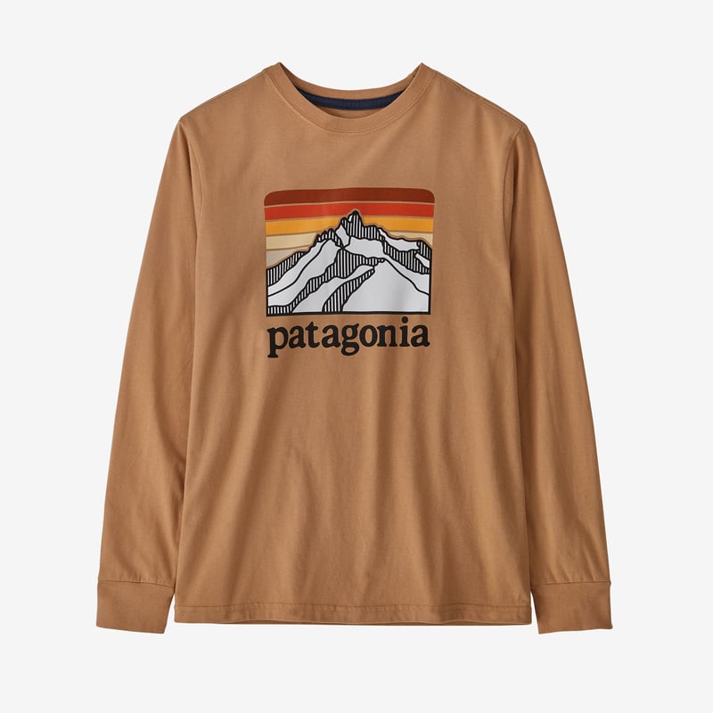 Patagonia Kids' Long-Sleeved Regenerative Organic Certified™ Cotton Graphic T-Shirt - Line Logo Ridge: Dark Camel