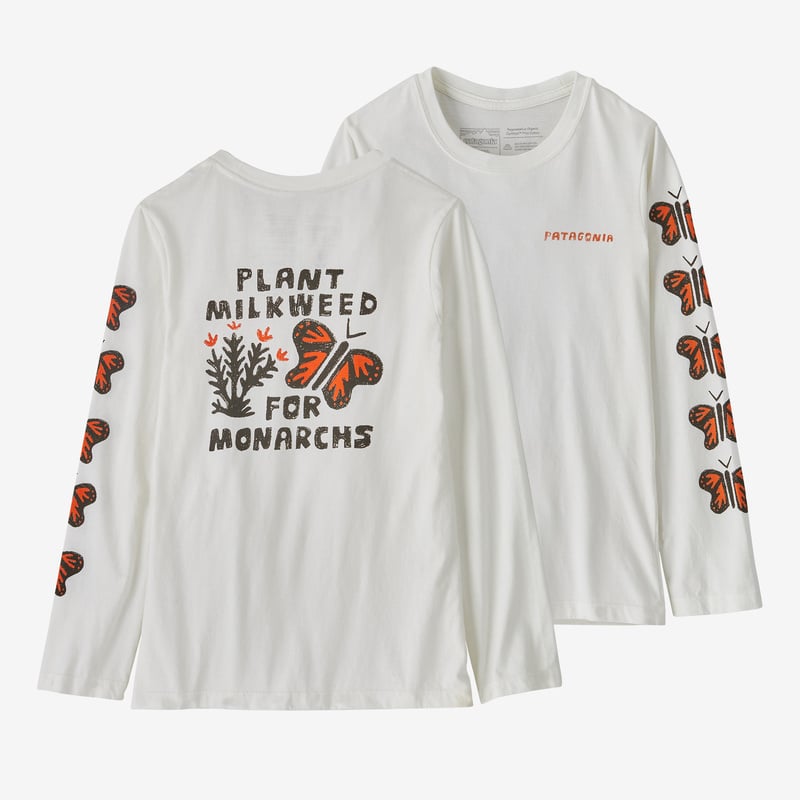 Patagonia Girls' Long-Sleeved Regenerative Organic Certified™ Cotton Graphic T-Shirt - Save Monarchs: Birch White