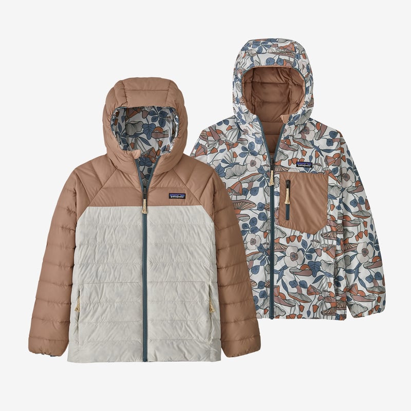 Patagonia Kids' Reversible Down Sweater Hoody - Mushroom Forest: Wool White