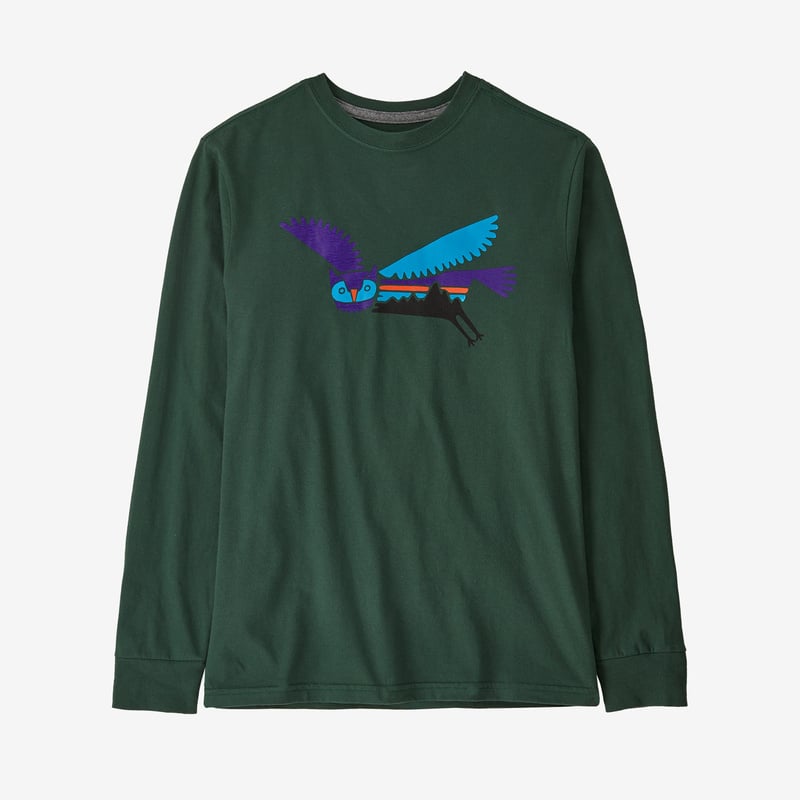 Patagonia Kids' Long-Sleeved Regenerative Organic Certified™ Cotton Graphic T-Shirt - Fitz Roy Owl: Pinyon Green