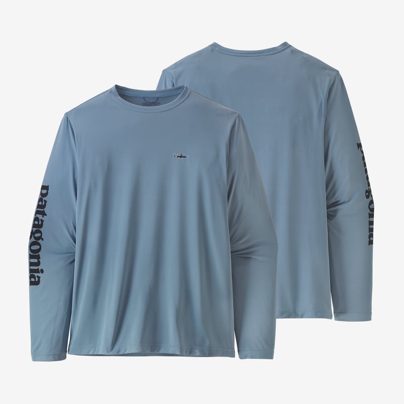 Patagonia Men's Long-Sleeved Capilene® Cool Daily Fish Graphic Shirt - Text Logo: Light Plume Grey