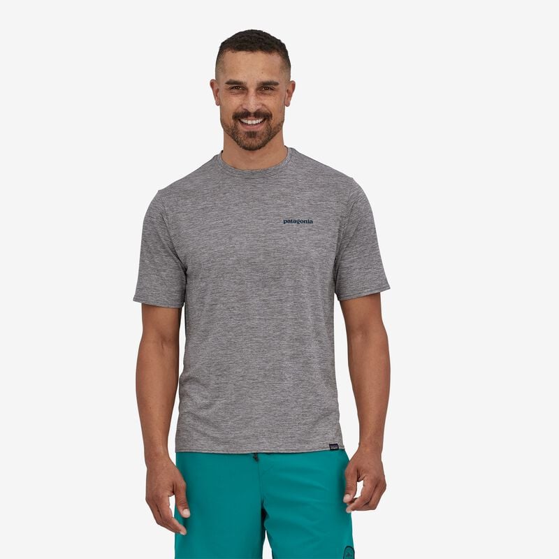 Patagonia Men's Capilene® Cool Daily Graphic Shirt - Boardshort Logo Abalone Blue: Feather Grey