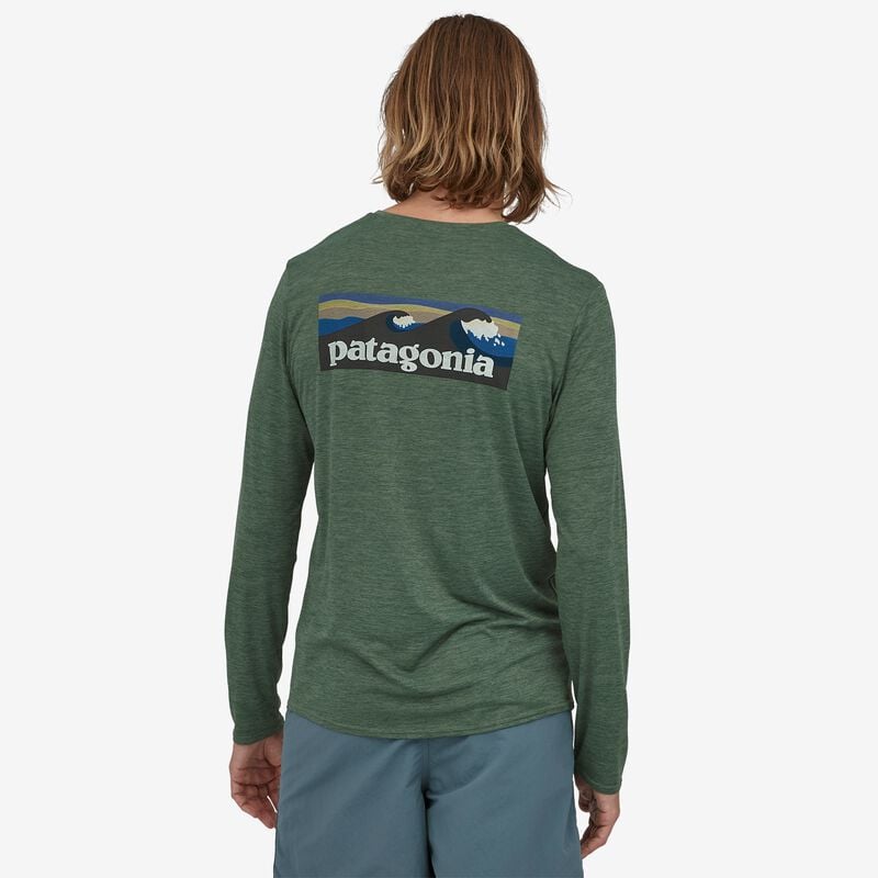 Patagonia Men's Long-Sleeved Capilene® Cool Daily Graphic Shirt - Boardshort Logo: Pinyon Green X-Dye