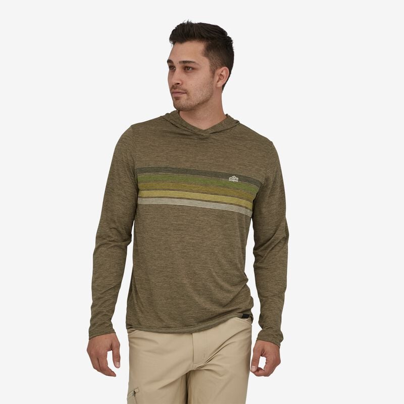 Patagonia Men's Capilene® Cool Daily Graphic Hoody - Line Logo Ridge Stripe: Basin Green X-Dye