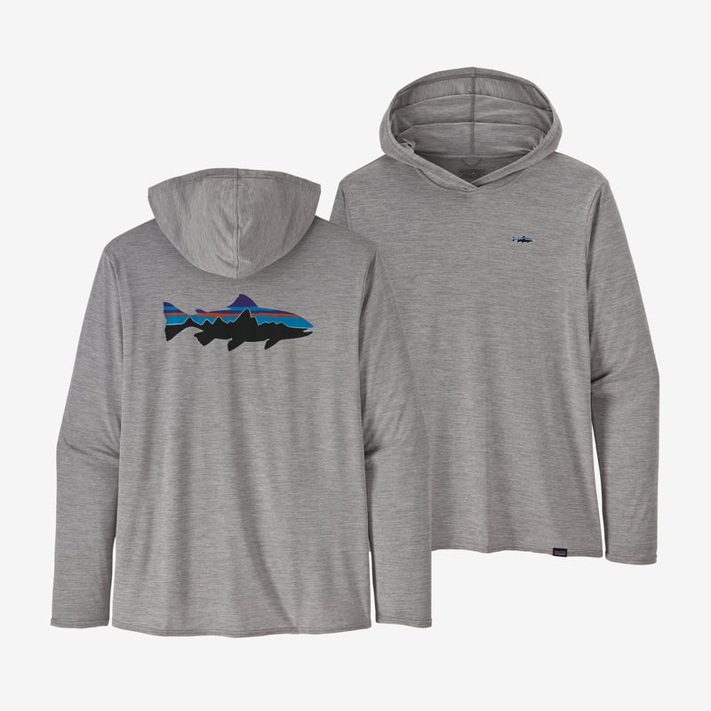 Patagonia Men's Capilene® Cool Daily Graphic Hoody - Relaxed Fit - Fitz Roy Trout w/Trout: Salt Grey X-Dye