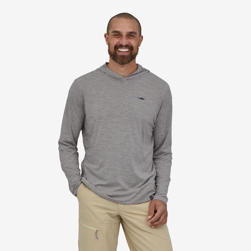 Patagonia Men's Capilene® Cool Daily Graphic Hoody - Relaxed Fit - Fitz Roy Trout w/Trout: Salt Grey X-Dye