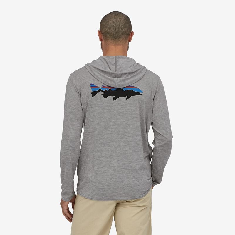 Patagonia Men's Capilene® Cool Daily Graphic Hoody - Relaxed Fit - Fitz Roy Trout w/Trout: Salt Grey X-Dye