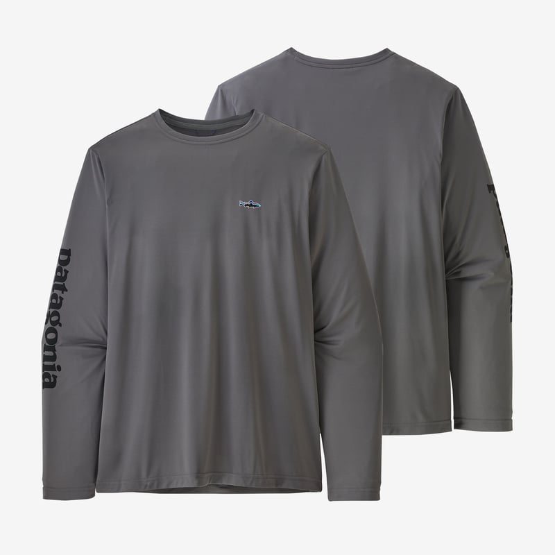 Patagonia Men's Long-Sleeved Capilene® Cool Daily Fish Graphic Shirt - Text Logo: Nobel Grey