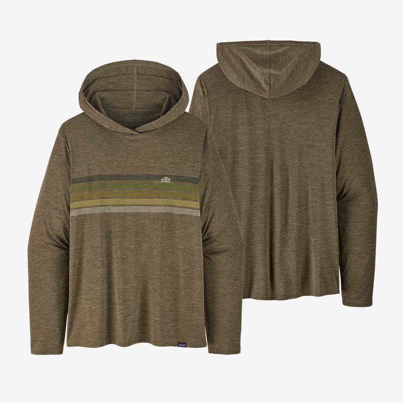 Patagonia Men's Capilene® Cool Daily Graphic Hoody - Line Logo Ridge Stripe: Basin Green X-Dye