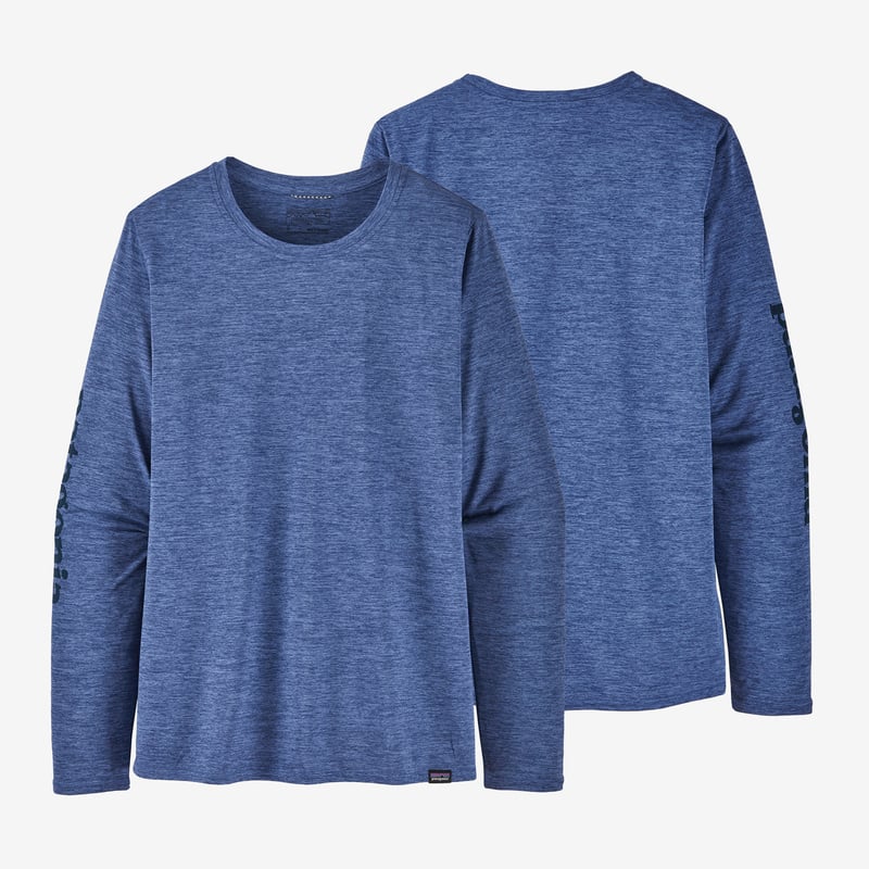 Patagonia Women's Long-Sleeved Capilene® Cool Daily Graphic Shirt - Text Logo: Current Blue X-Dye
