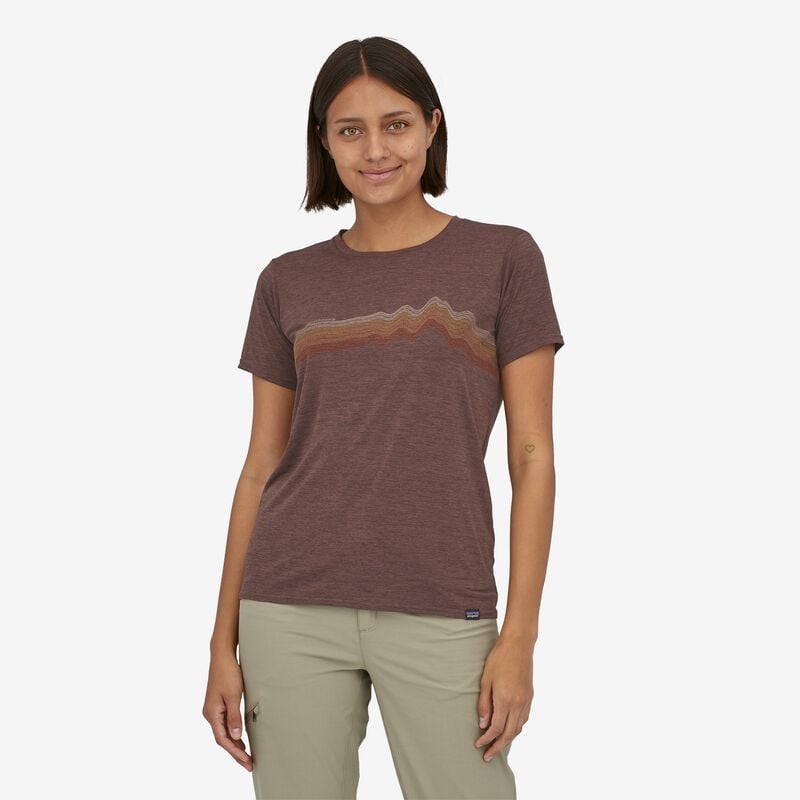 Patagonia Women's Capilene® Cool Daily Graphic Shirt - Ridge Rise Stripe: Cone Brown X-Dye