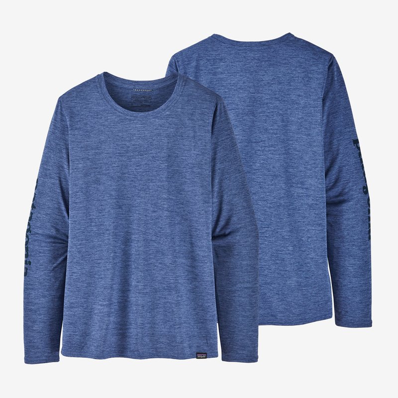Patagonia Women's Long-Sleeved Capilene® Cool Daily Graphic Shirt - Text Logo: Current Blue X-Dye