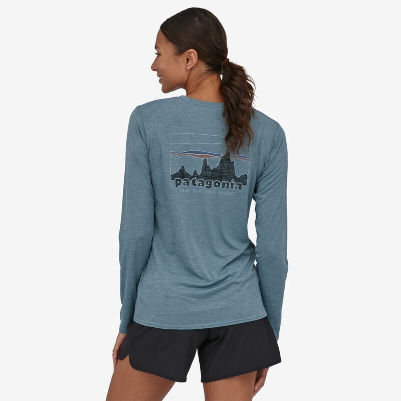 Patagonia Women's Long-Sleeved Capilene® Cool Daily Graphic Shirt - Text Logo: Current Blue X-Dye