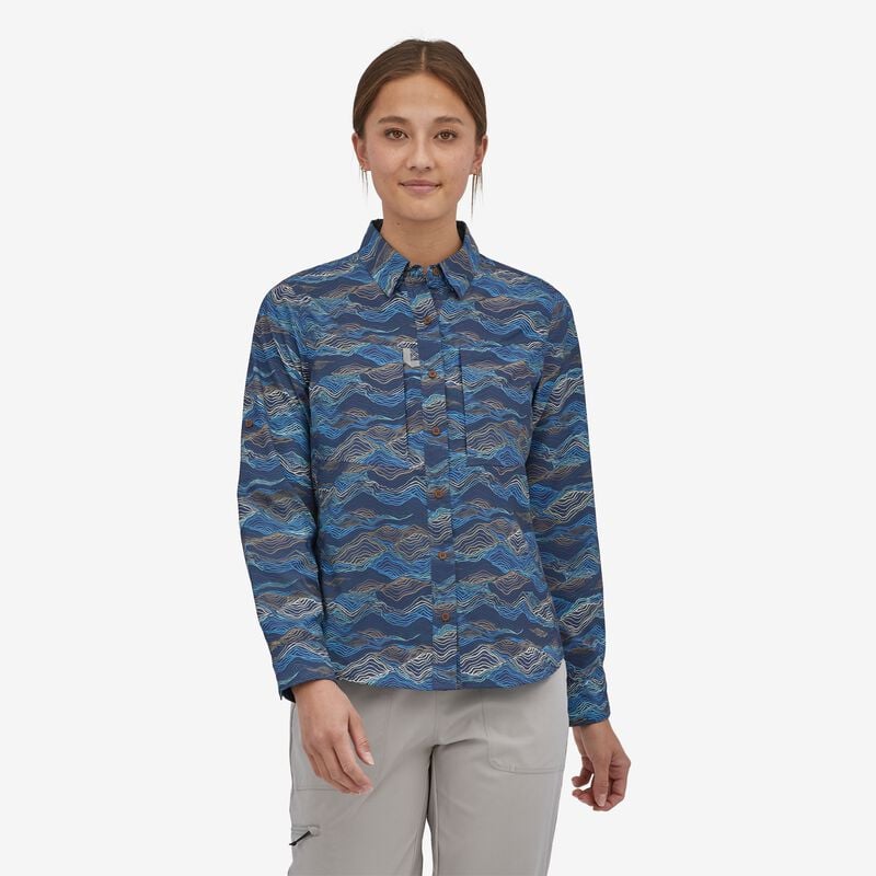 Patagonia Women's Long-Sleeved Sol Patrol® Shirt - Rock Cycle Multi Small: Current Blue