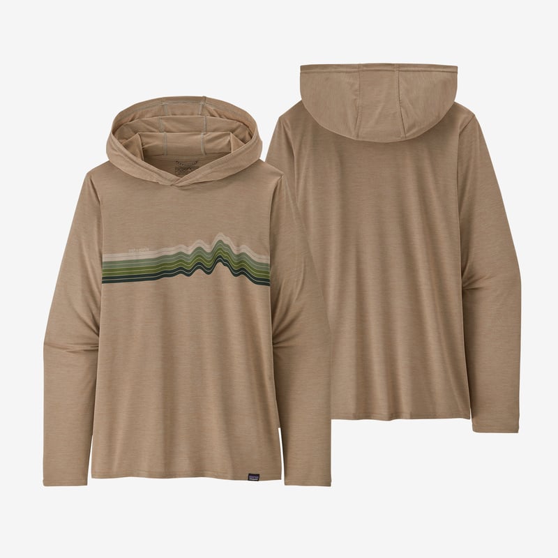 Patagonia Women's Capilene® Cool Daily Graphic Hoody - Ridge Rise Stripe: Oar Tan X-Dye