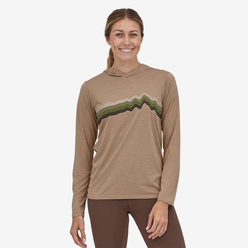 Patagonia Women's Capilene® Cool Daily Graphic Hoody - Ridge Rise Stripe: Oar Tan X-Dye