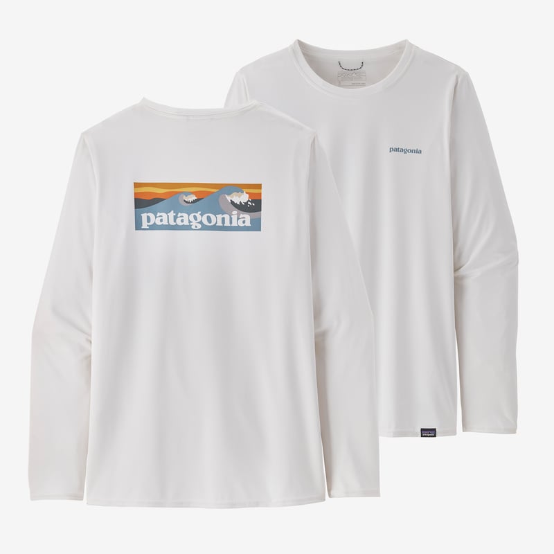 Patagonia Women's Long-Sleeved Capilene® Cool Daily Graphic Shirt - Boardshort Logo Light Plume Grey: White