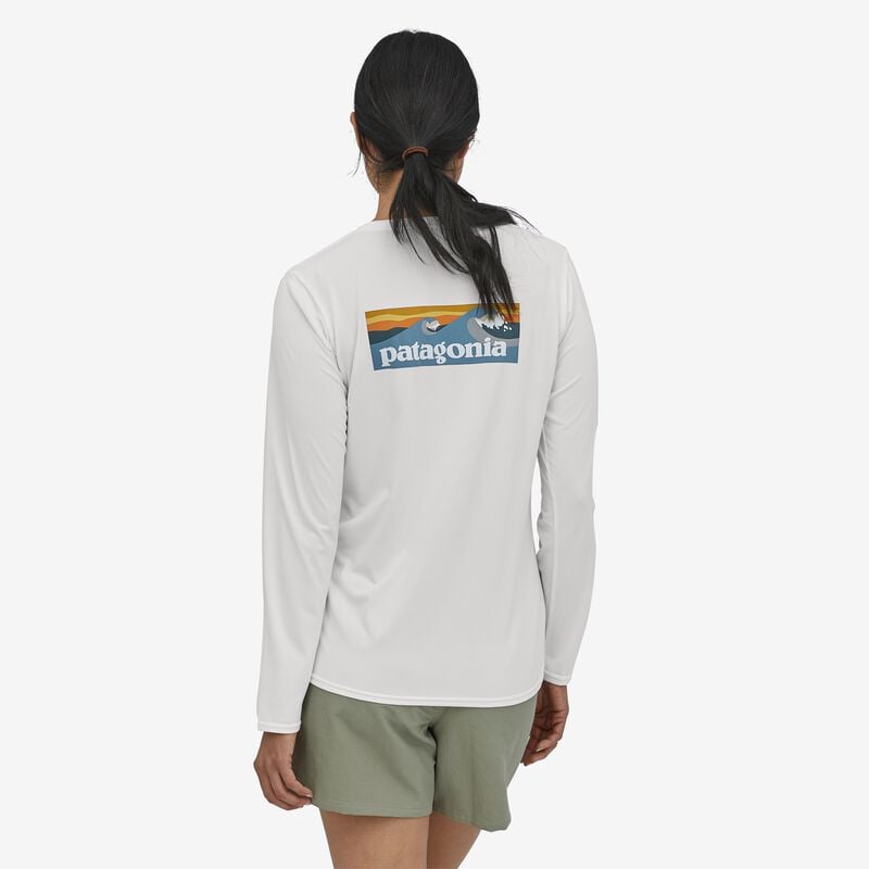Patagonia Women's Long-Sleeved Capilene® Cool Daily Graphic Shirt - Boardshort Logo Light Plume Grey: White